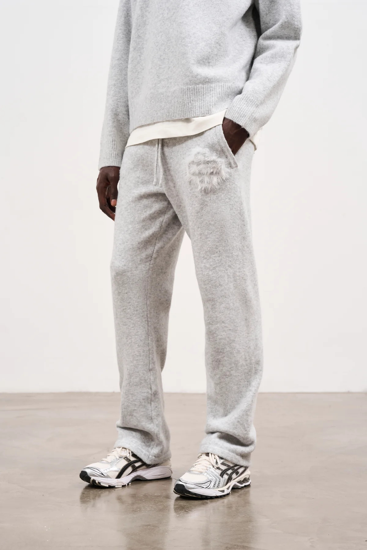 FLUFFY EMBLEM KNITTED JOGGERS - GREY MARL | The Couture Club