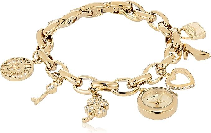 Anne Klein Women's Premium Crystal Accented Gold-Tone Charm Bracelet Watch, 10/7604CHRM | Amazon (US)