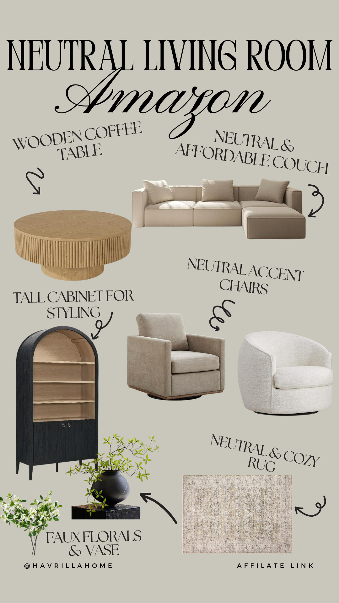 Neutral living room decor, amazon living room furniture, wooden round coffee table, neutral sectional couch, accent swivel chairs, arched cabinet display, neutral area rug, faux florals and vase, organic modern living room, affordable amazon furniture, beige aesthetic home, cozy neutral styling, havrillahome amazon finds 

 

#LTKHome