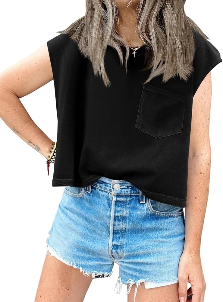 Tankaneo Womens Crop Tank Top Cap Sleeve Summer Tops Loose Casual Basic Crewneck Shirts with Pock... | Amazon (US)