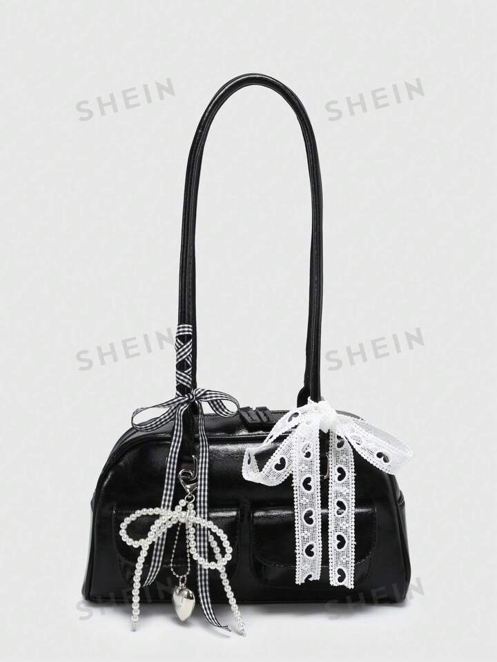 ROMWE Kawaii Women Retro Sweet Plaid Bow Decor Cherry Heart Shoulder Underarm Bag With Multi Pock... | SHEIN