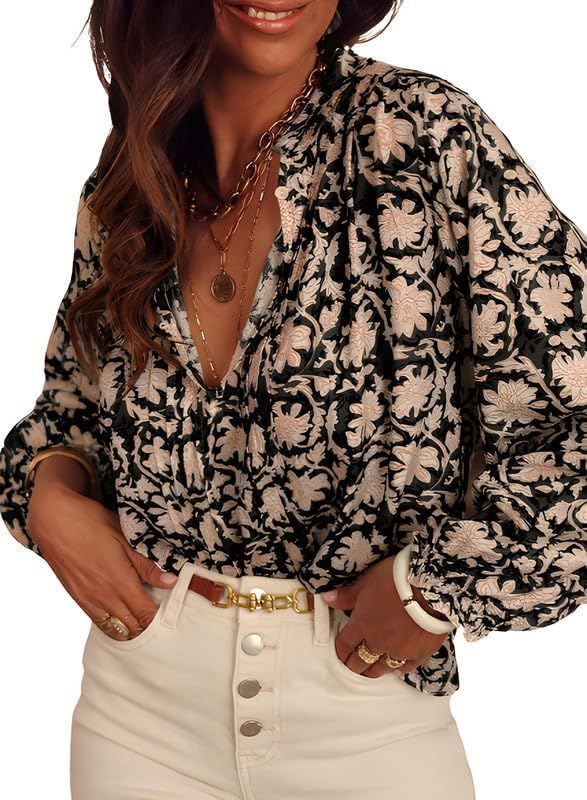 SHEWIN Women's Tops Casual V Neck Long Sleeve Shirts Floral Boho Blouses Tunics | Amazon (US)