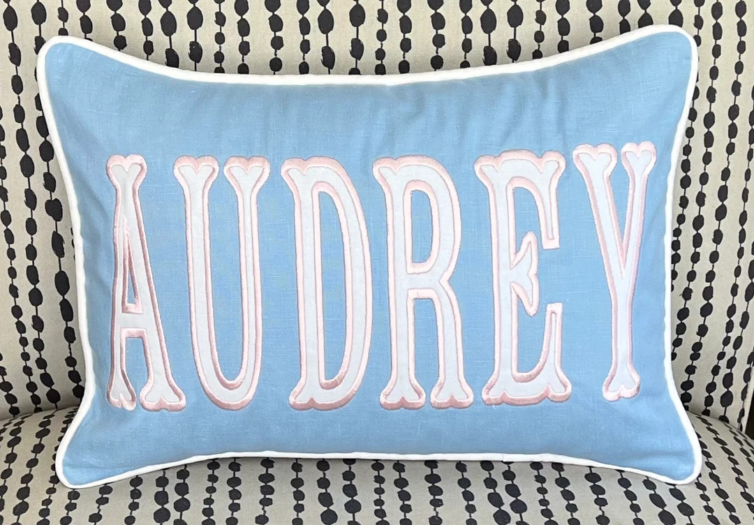 Nursery Pillow With Applique Name, Bright Blue and White Long Lumbar Pillow, Insert Included, Man... | Etsy (US)