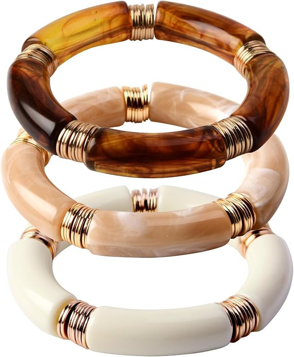 Simple Beaded Gold Plated Bangles Bracelet Chunky Bamboo Tube Curved Stacking Clear Acrylic Color... | Amazon (US)