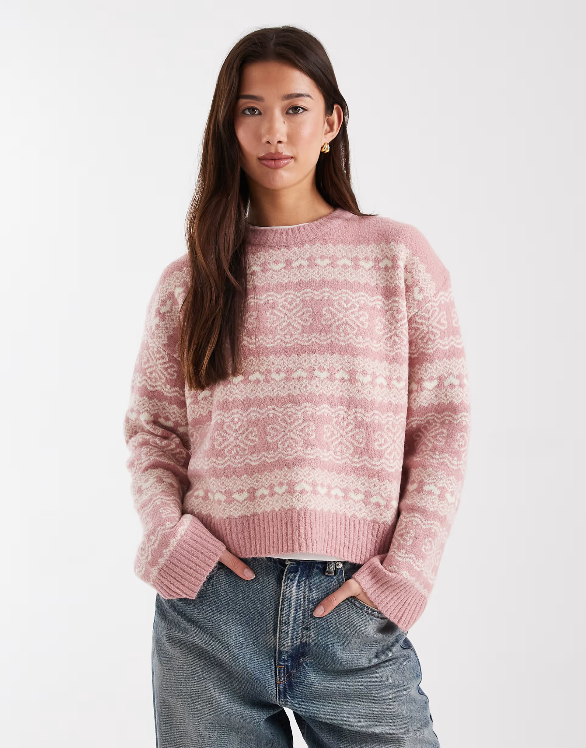 Threadbare crew neck argyle knit jumper in pink | ASOS (Global)
