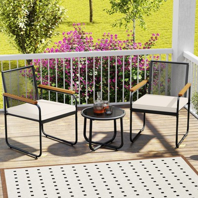 Costway 3 PCS Patio Furniture Set with Round Tempered Glass Top Table Armrests & Cushions | Target