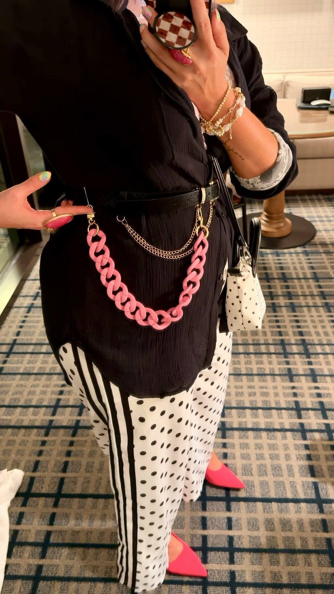 {get dressed with me to style these POLKA DOT TRACK PANTS!}
✔️Track Pants▪️White polka dot athleisure style pants with three black stripes along side 〰️ size XL (TTS)▪️AMAZON
✔️Lace Top▪️Crewneck white lace layering shirt with long sleeves 〰️ size large (TTS)▪️AMAZON
✔️Chain Belt▪️Black medium width belt with double gold hanging chains 〰️ size XL▪️AMAZON
✔️Slingback▪️Rose hot pink fabric slingback with a heel under 2” (so comfy & come with their own insert for additional comfort) 〰️ TTS▪️AMAZON


{extras}
✔️Mini Crossbody▪️White mini purse with black polka dots & black crossbody strap with silver hardware▪️WALMART
✔️Shaping Capri▪️Light to med shaping capris for modesty with white pants and light shaping 〰️ size XL▪️AMAZON


{jewelry}
✔️Statement Ring▪️Hot pink oval statement ring perfect for pointer or middle finger, also comes with earrings as a set!▪️AMAZON
✔️Statement Earrings▪️Hot pink fabric statement earrings with two flowers that hang longer on the ear ▪️AMAZON
✔️Pearl Bracelet▪️Gold & faux pearl bracelet set variety▪️H&M
✔️Tennis Bracelets▪️Gold & faux diamond tennis bracelet, sold separately▪️MELINDA MARIA


{similar items to get the look}
✔️Black Button Down▪️gauze casual style black button down shirt with long sleeves {originally from Target} but linked similar 

#amazon #amazonfashion amazon finds, amazon find, amazon style, amazon fashion, amazon clothing, amazon outfit, found it on amazon, amazon fashion finds, amazon summer, amazon spring, amazon fall, amazon winter, amazon outfit inspo, amazon outfit inspiration, amazon curves, amazon curvy, curvy amazon, midsize amazon, amazon midsize, amazon ootd, amazon shopping, new on amazon 
#under20 #under30 #under40 #under50 #under60 #under75 #under100 #affordable #budget #inexpensive #size14 #size16 #size12 #medium #large #extralarge #xl #curvy #midsize #pear #pearshape #pearshaped budget fashion, affordable fashion, budget style, affordable style, curvy style, curvy fashion, midsize style, midsize fashion

#LTKootd #LTKMidsize #LTKCon