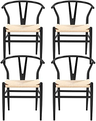 Yaheetech Set of 4 Weave Chair Mid-Century Metal Dining Chair Y-Shaped Backrest Hemp Seat, Black | Amazon (US)