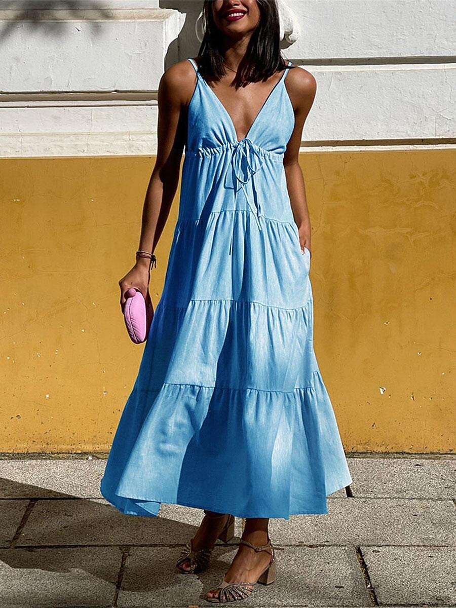 Women's White Dress Strap Dress Maxi Dress Ruffle Hem Basic Daily Beach V Neck Sleeveless Summer ... | Lightinthebox