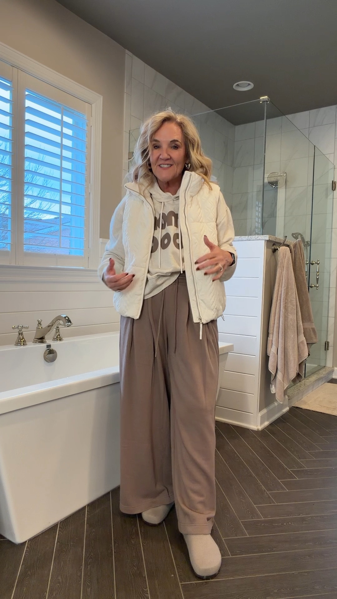 3 New Year’s Eve outfits 
Homebody sweatshirt size medium 
These pants are fantastic. I’m wearing a medium petite. If petite isn’t available, try sizing down in the regular length 
Best size medium petite 
Barrel jeans size 8 petite 
1/2 zip embellished sweatshirt size medium. I’ve linked a few options for this one 
Merlot flats tts 
Lined Sherpa coat size medium petite 
Winter white trousers I sized up to 10 petite. If not available you can do an 8 regular. 
Boots size up 1/2 selling fast. Having a couple retailers sourced 
Winter white sweater has subtle shimmer in it. Size medium 

#LTKFindsUnder100 #LTKSaleAlert #LTKOver40