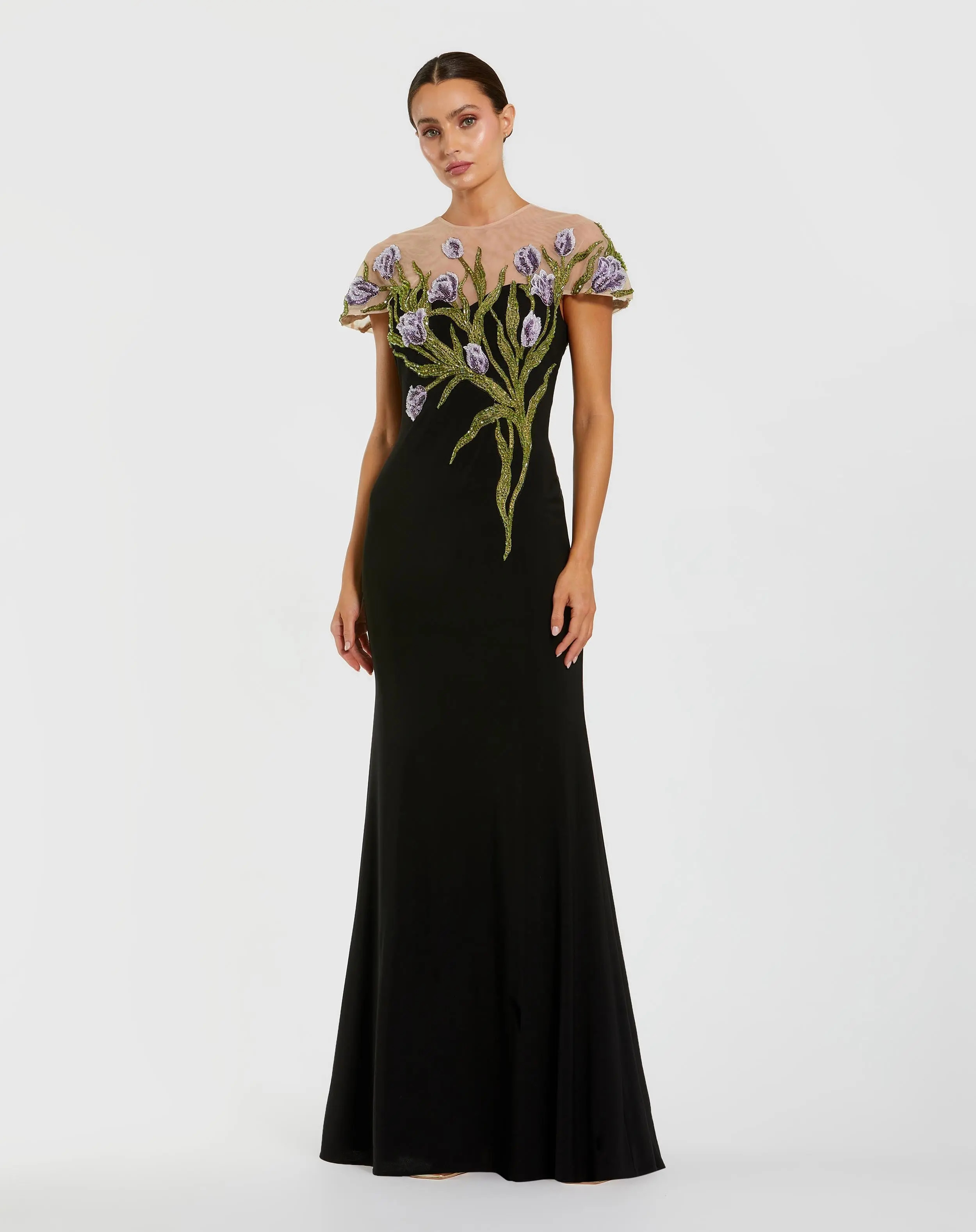 Black High Neck Floral Embroidered Jersey Gown | Mac Duggal | Mac Duggal