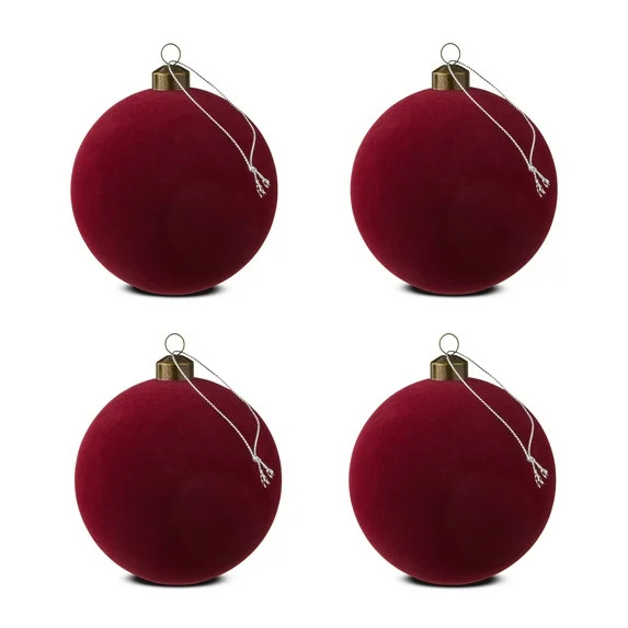 Dark Red Flocked Ball Christmas Ornaments, 4.5", 4 Count, by Holiday Time - Walmart.com | Walmart (US)