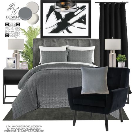Gray and Black Modern Bedroom Decor | bedroom home decor | bedroom moodboard | bedroom concept board | bed, nightstand, bed bench, rug, side tables, side chair, nightstand lamps, table lamps, chandelier, ceiling fan, ceiling light, floor lamp, faux plants, vases, mirror, artwork, pillows, bedding, curtains, window treatments, candle holders, modern home, modern home decor, glam home.#LTKSale #moodboard

#LTKfamily #LTKstyletip #LTKhome