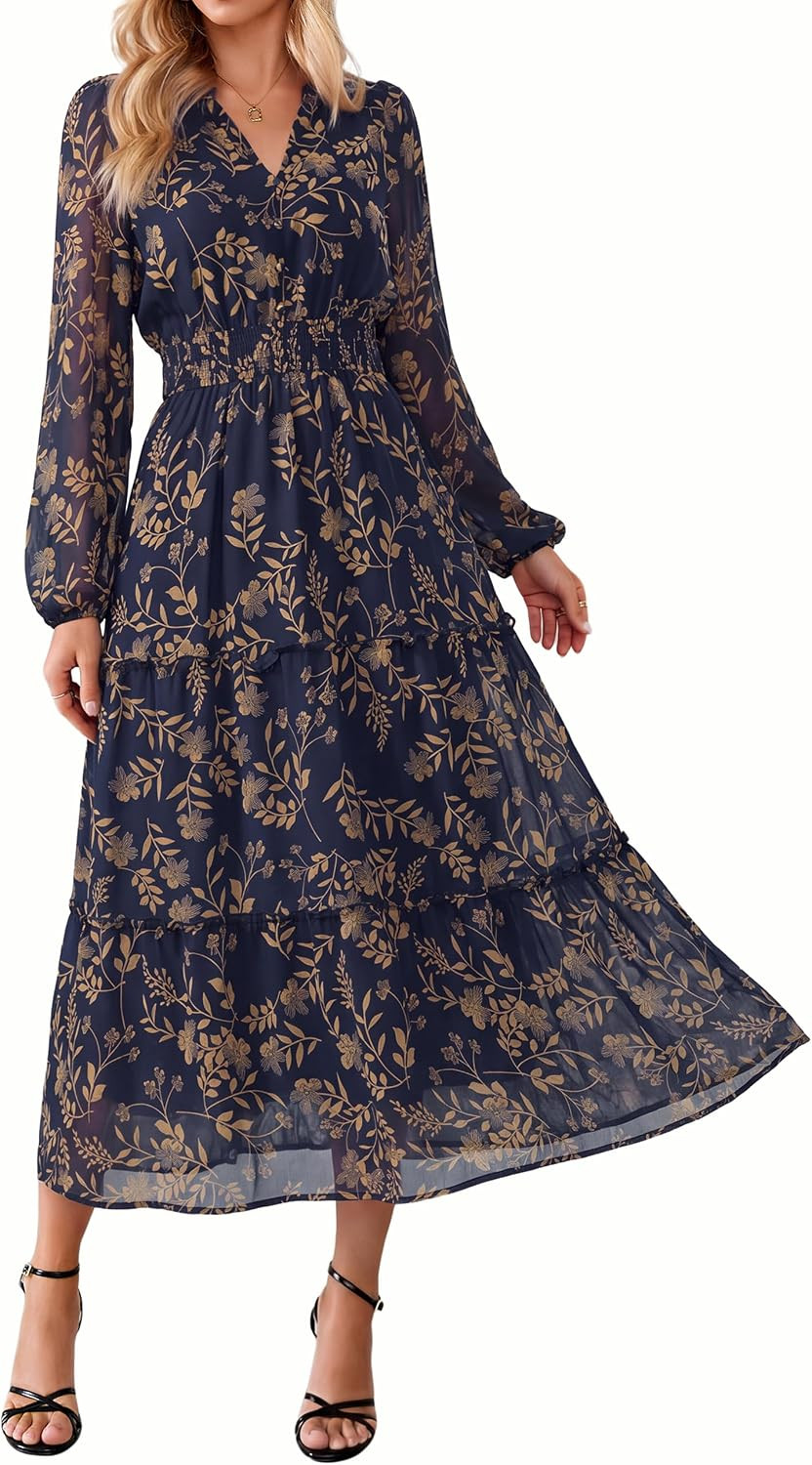 Simplee Womens Floral Boho Maxi Dress Long Sleeve Flowy Wedding Guest Dress | Amazon (US)