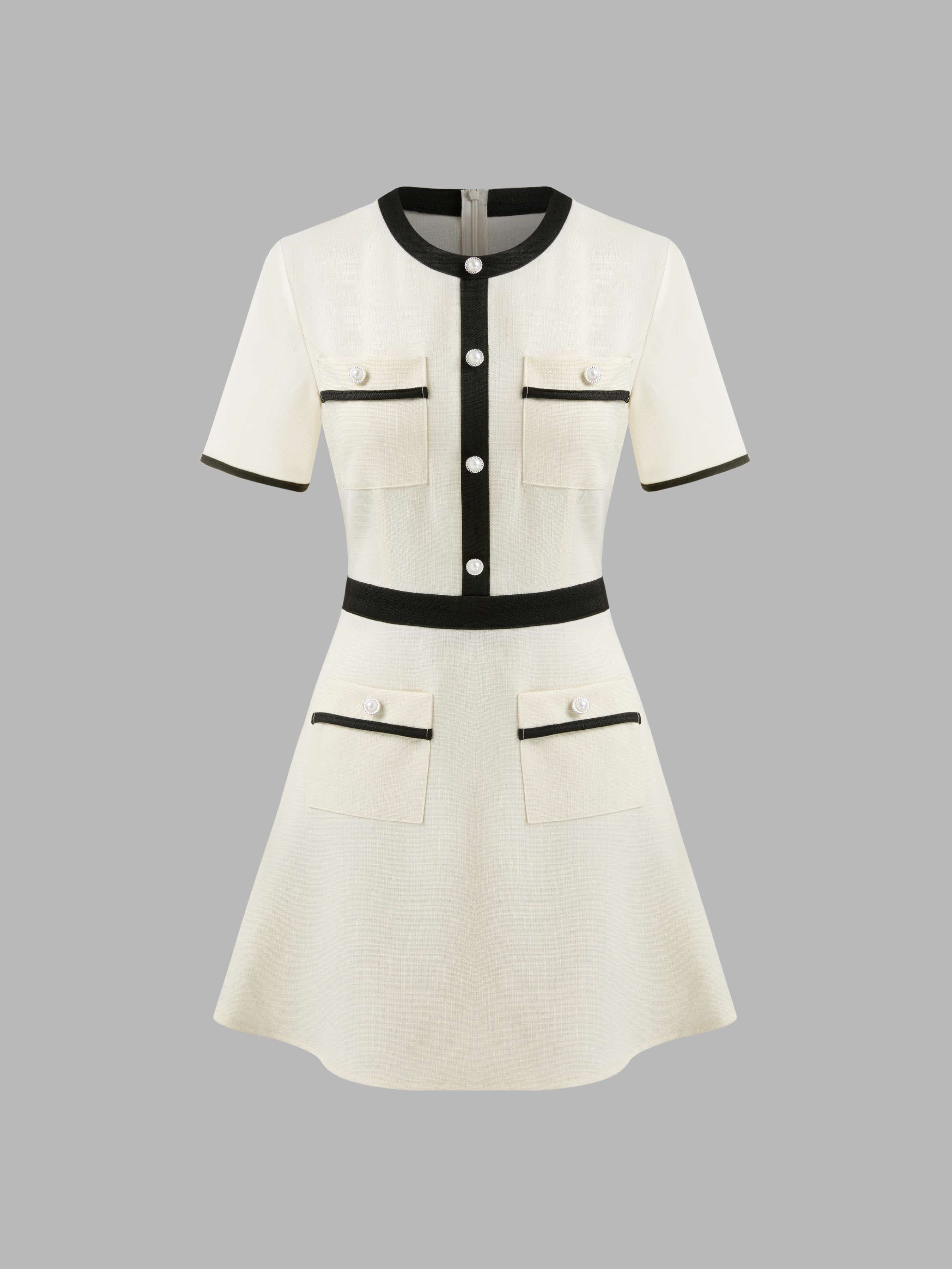 Tweed Tweed Round Neckline Contrasting Binding Pearl Button Mini Dress For Work | Cider