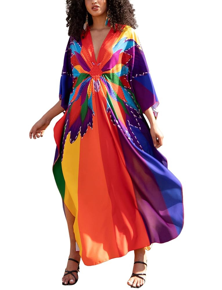 Kaftan Dress for Swimwear Women Plus Size Bathing Suit Cover Up Beach Robe | Amazon (US)