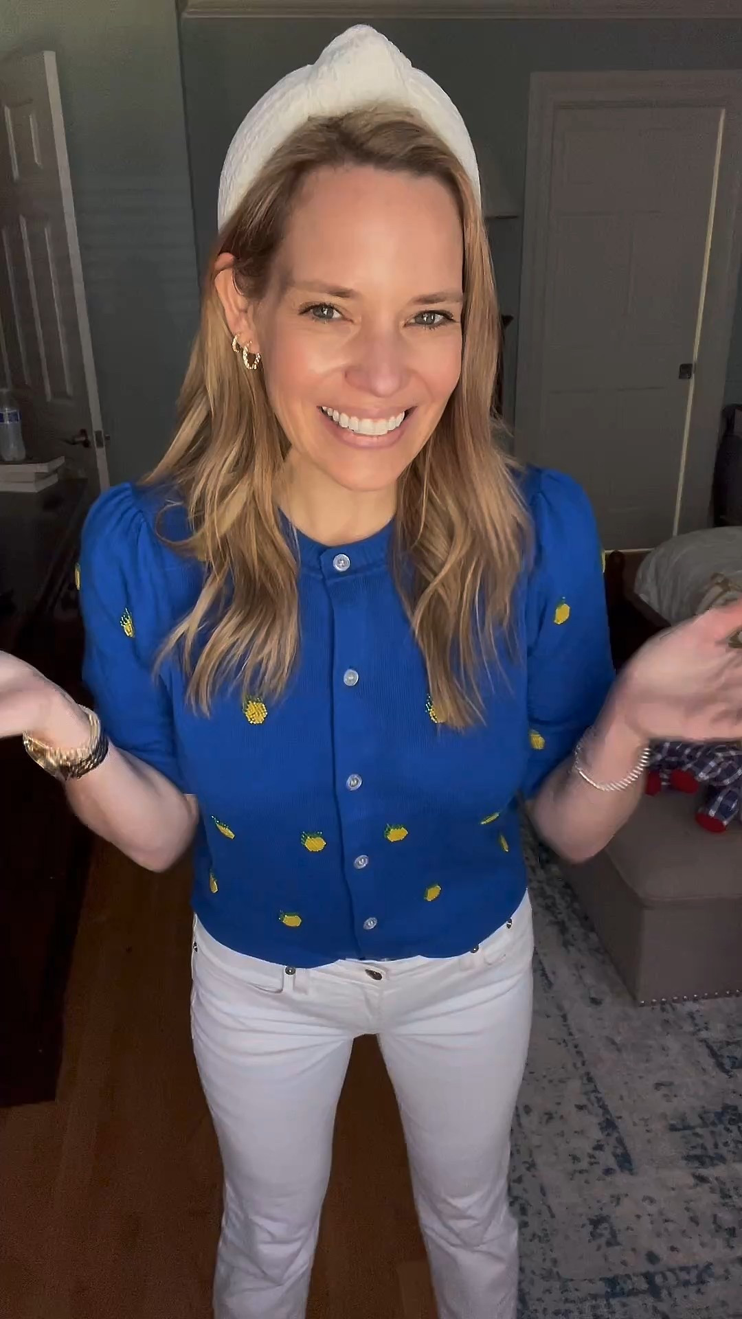 ASHLEYBA for 10% off Melinda Maria jewelry — plus free 1” hoops with purchase through 4/15! ✨💛🍋

This outfit is a little slice of sunshine! This bold cobalt cardigan is covered in cheerful embroidered lemons that instantly brighten your look — a playful pop of color that feels so refreshing for spring and summer! 💙☀️ I paired it with classic white straight-leg jeans and yellow gingham loafers that tie in perfectly with the citrus vibes. 👖🍋✨

Accessories keep the look polished and preppy: my go-to Melinda Maria gold hoops and layered bracelets (code above), and a textured white padded headband for a feminine finish. 💫🧡💛

This is an easy, put-together daytime outfit that works for everything from brunch with the girls to a family weekend outing! 🥞👗👨‍👩‍👧

Keywords: lemon sweater 🍋, embroidered cardigan 🧵, spring outfit ideas 🌼, preppy spring look 🎀, colorful cardigan 🌈, white jeans outfit 🤍, yellow gingham shoes 💛, Melinda Maria jewelry ✨, padded headband 👑, cheerful spring fashion 🌸

Emojis:
Lemons + gingham = pure joy 🍋💛✨
Outfit inspo:
Cardigan: blue with lemon embroidery 💙🍋
Jeans: classic white 👖🤍
Shoes: yellow gingham flats 💛✔️
Jewelry: layered Melinda Maria favorites ✨💫
Headband: white & textured 👑🧵

Shop the look on LTK!
#springstyle #lemonoutfit #colorfulcardigan #melindamaria #preppystyle #ltkunder100 #ltkstyle #ltkspring #brunchoutfitideas

#LTKOver40 #LTKFindsUnder100 #LTKFindsUnder50