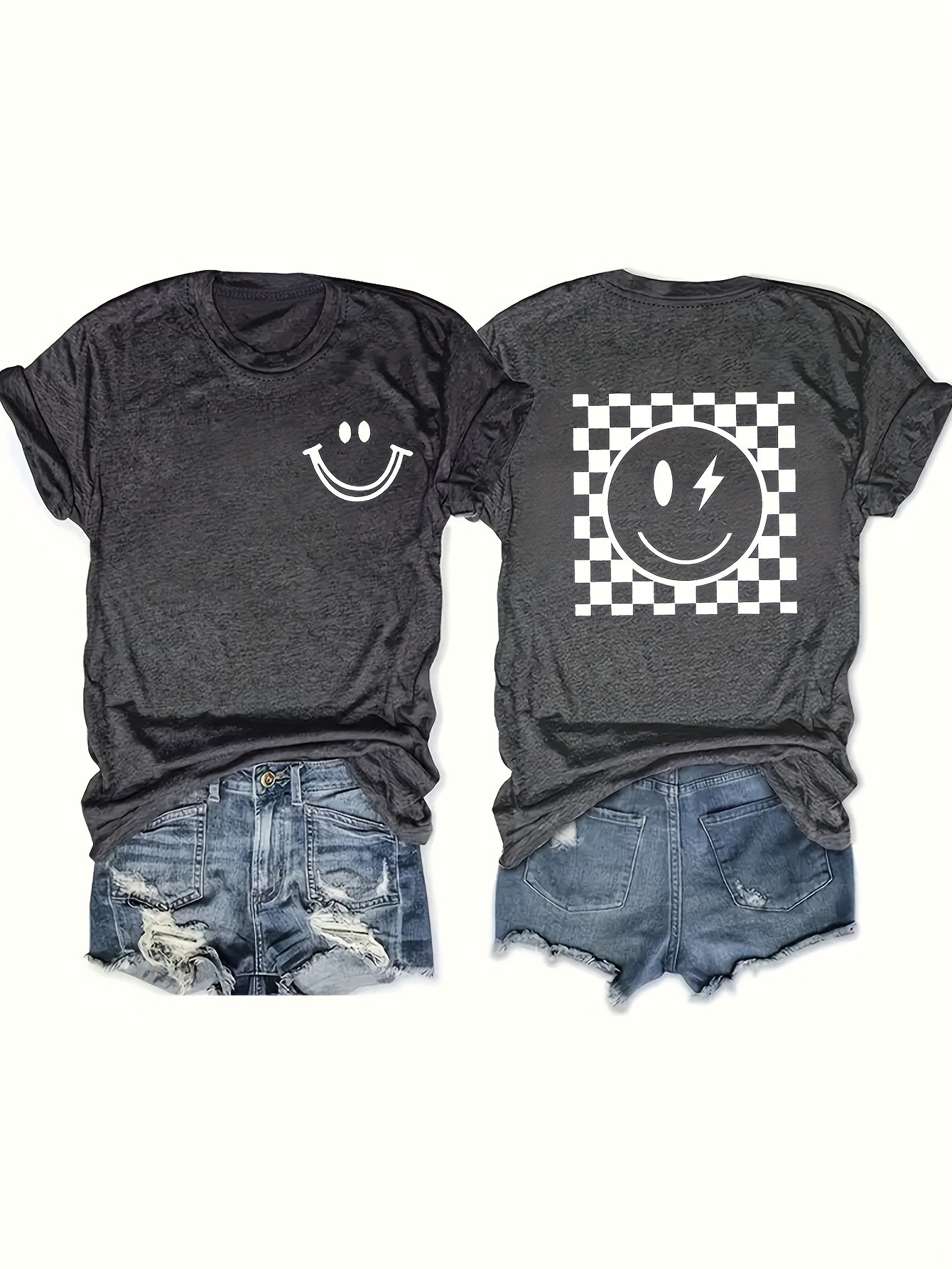 Plaid Smiling Face Print T shirt Casual Short Sleeve Top - Temu | Temu Affiliate Program