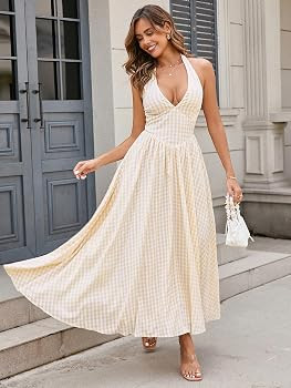 Parthea Women's Plaid Back Smocked Maxi Dress Sexy V Neck Elegant Flowy Swing Long Dress | Amazon (US)