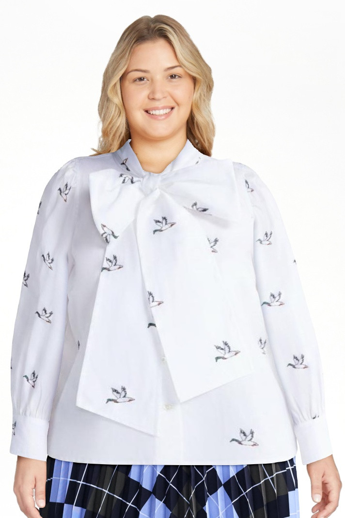 Free Assembly Women's Tie Neck Print Cotton Shirt with Long Puff Sleeves, Sizes XS-XXL | Walmart (US)
