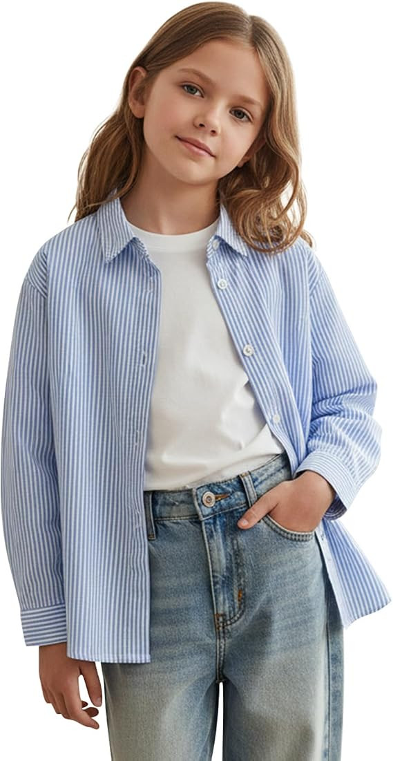 5Y-12Y Girls Button Down Shirts Striped Classic Casual Long Sleeve Collared Girls Western Shirt | Amazon (US)
