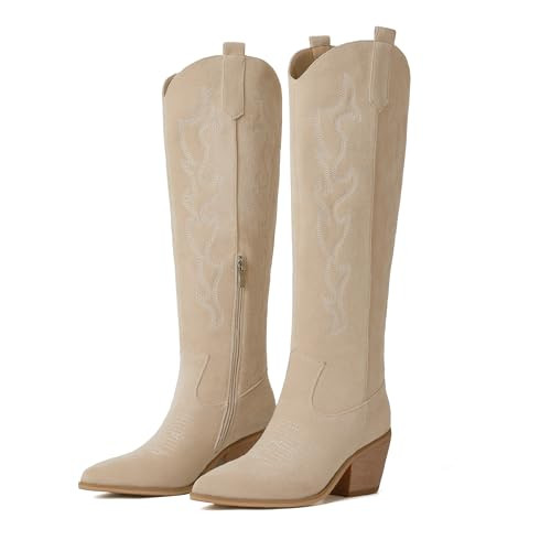 Reitoye Womens Cowboy Boots Knee High Cowgirl Tall Western Boots,Beige,11 | Amazon (US)