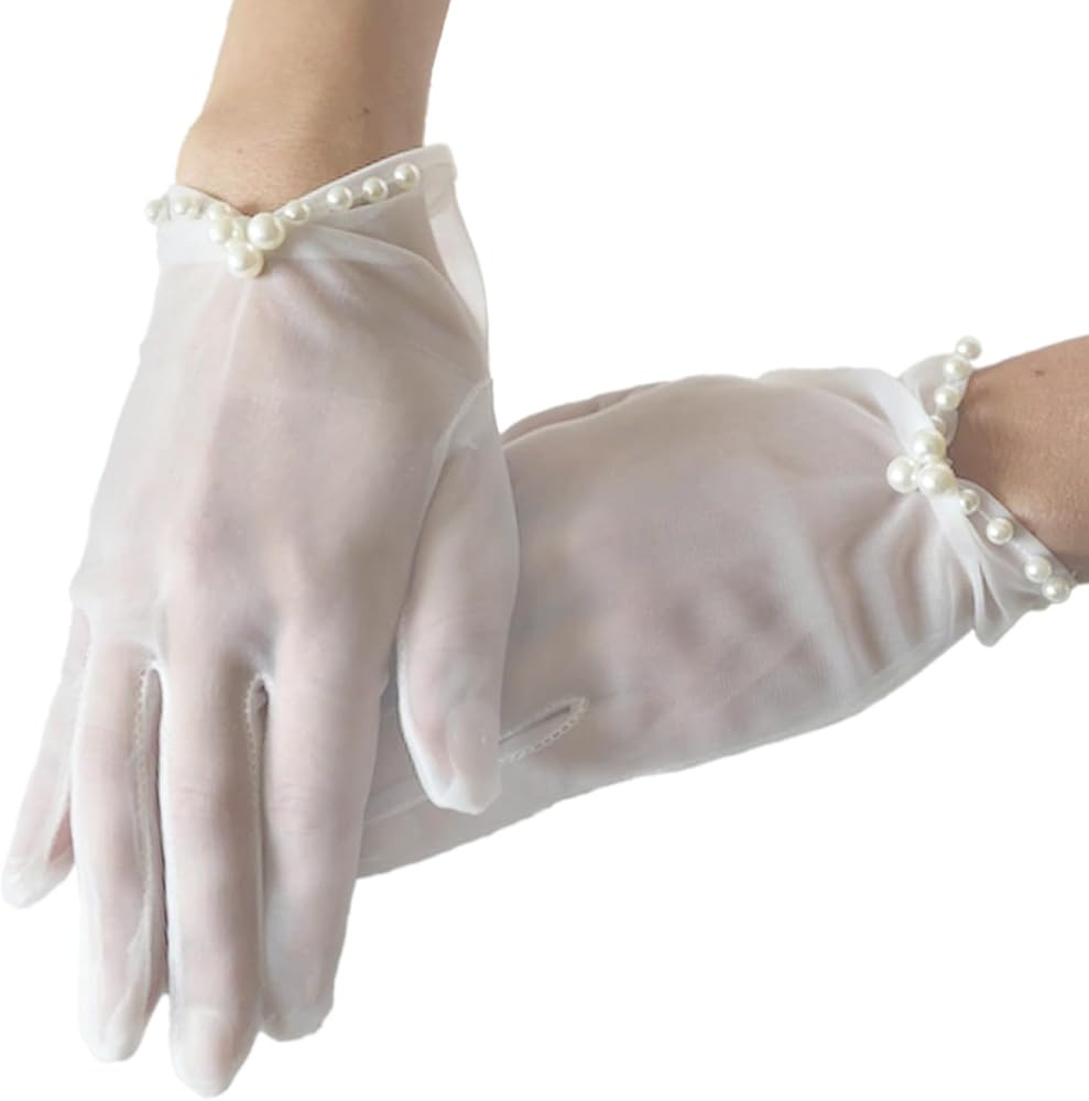 Short White Gloves Sheer Silk Tulle Wedding Gloves with Pearls Edge Elegant Opera Tea Party Glove... | Amazon (US)