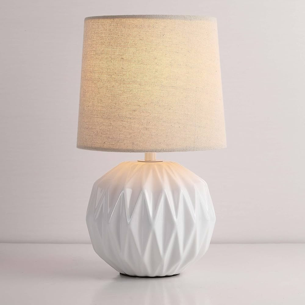Somniferous White Ceramic Table Lamp, Geometric Textured Small Bedside Lamp with Linen Shade, Mid... | Amazon (US)