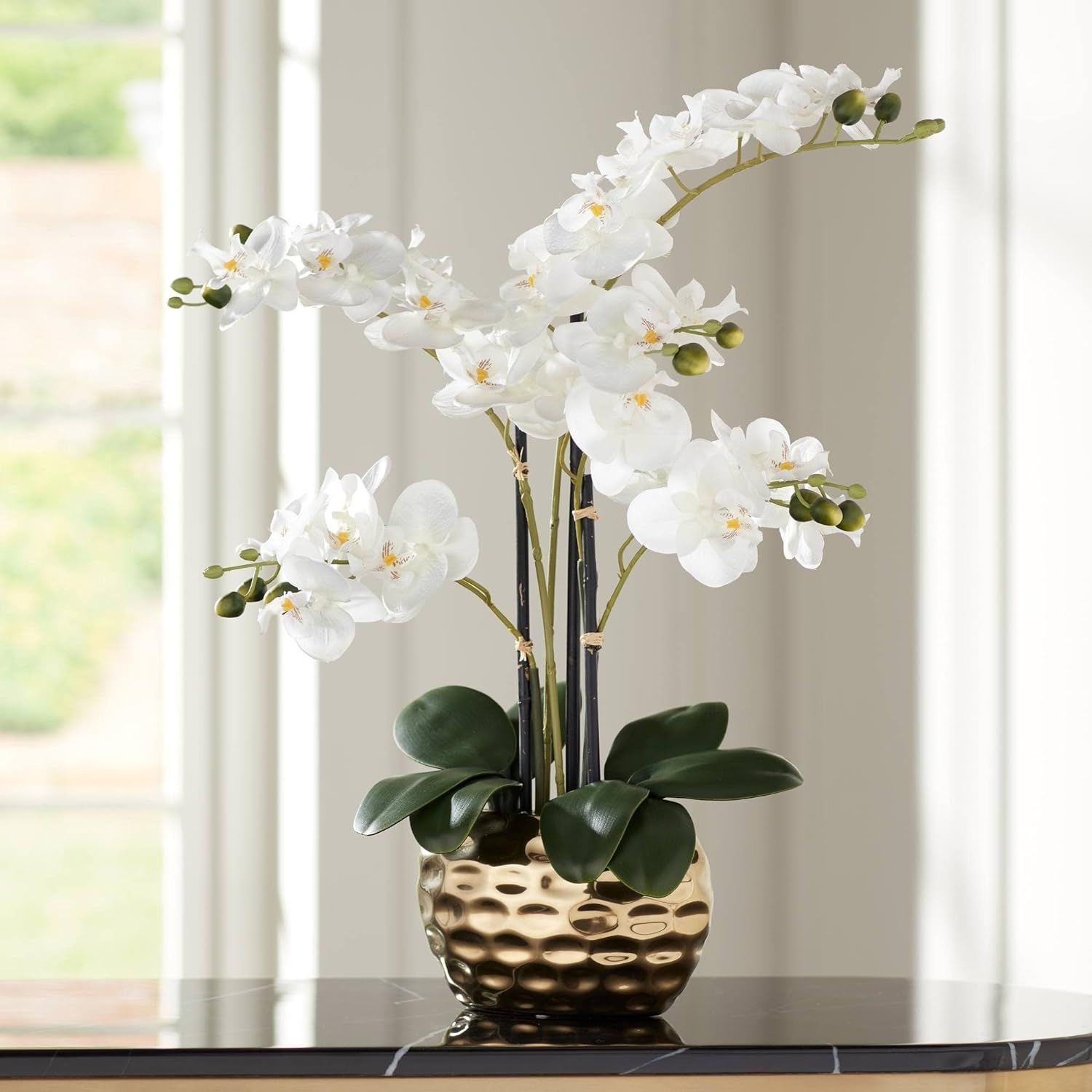 Potted Faux Artificial Flowers Realistic White Phalaenopsis Orchid in Silver Gold Ceramic Pot Hom... | Amazon (US)