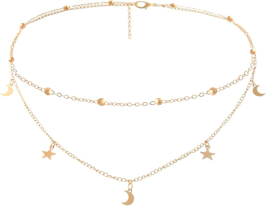 Star Moon Charm Necklace Layering Chain Choker for Women | Amazon (US)