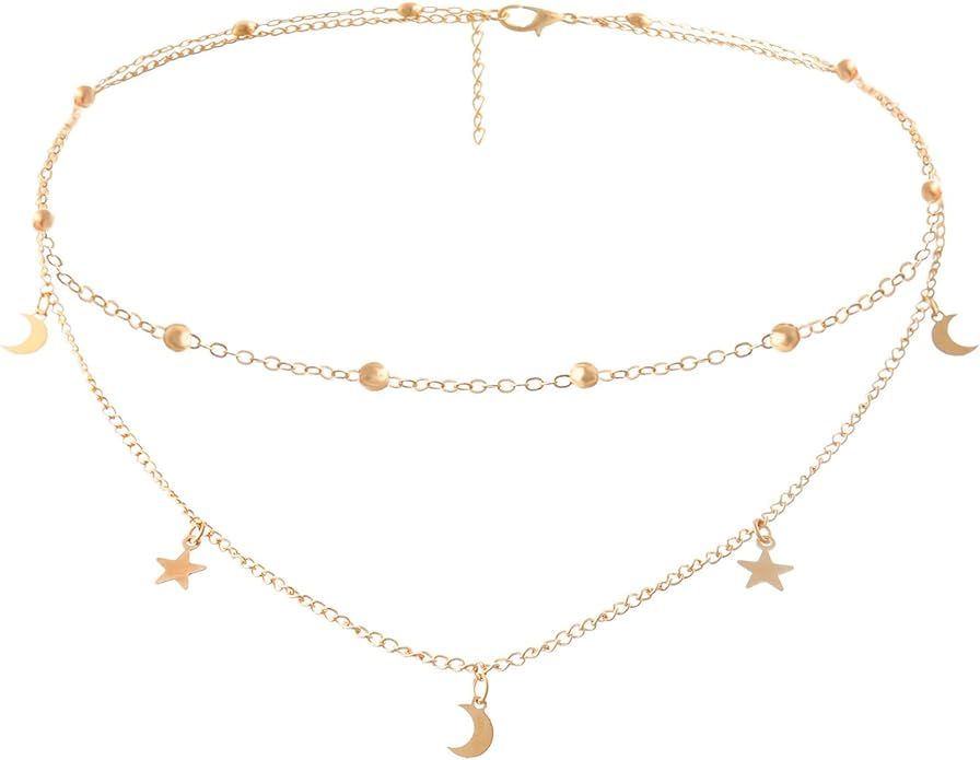 Star Moon Charm Necklace Layering Chain Choker for Women | Amazon (US)