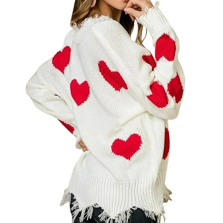 SALEZONE Women's cute love stitching V-neck sweater oversized off-shoulder loose V-neck knitted V... | Walmart (US)