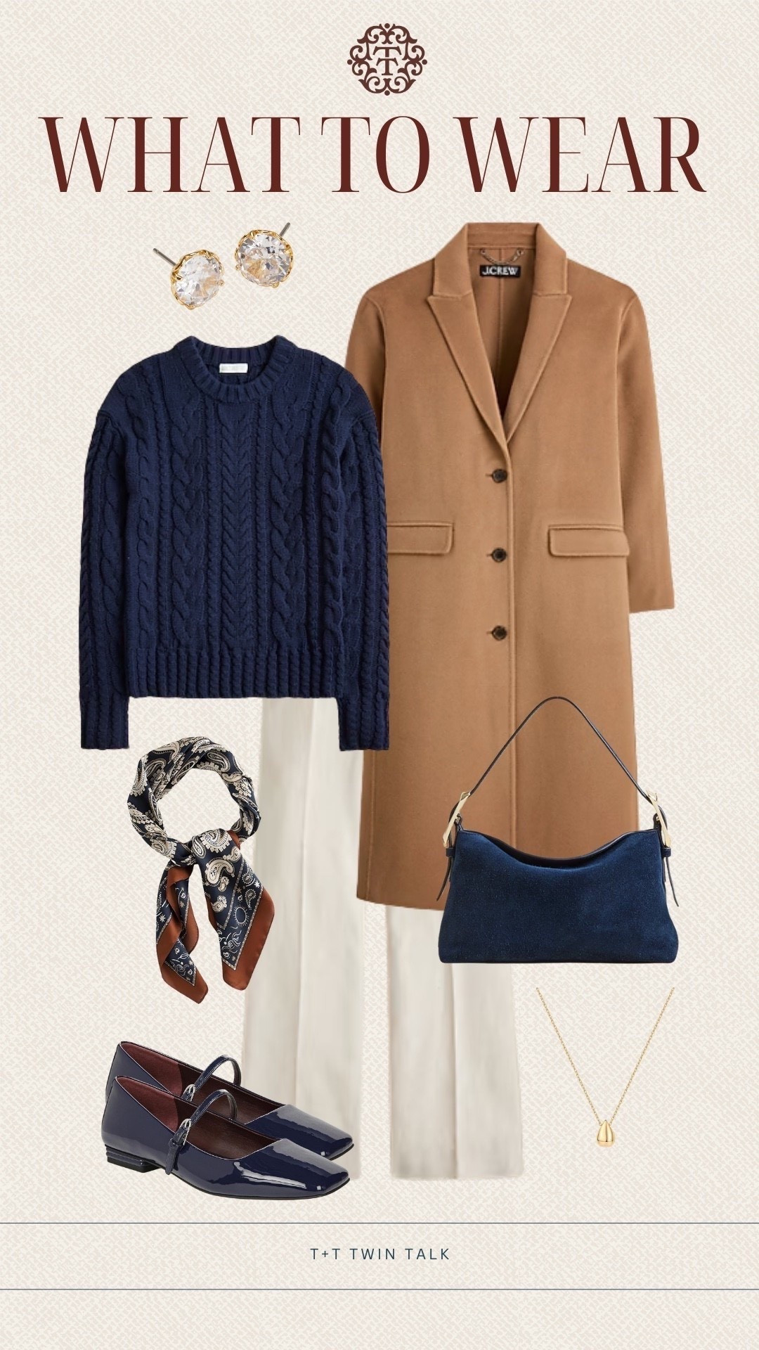 T+T, what to wear! We love this long camel colored coat paired with a J.Crew knit navy sweater and tabolts pants. We would add a fun neck scarf, navy purse, and Mary Jane flats to complete the look. 

#LTKSeasonal #LTKOver40 #LTKMidsize