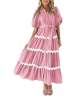 PRETTYGARDEN Womens Summer Maxi Button Down Puff Short Sleeve Ruffle Long Flowy Shirt Dresses Wit... | Amazon (US)