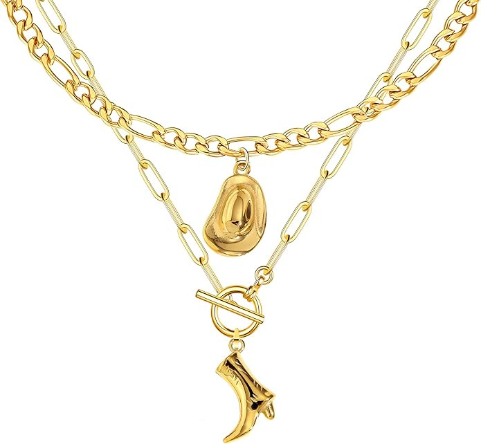 Cowgirl Hat Boots Pendant Gold Necklace for Women, Chunky Chain Western Jewelry | Amazon (US)