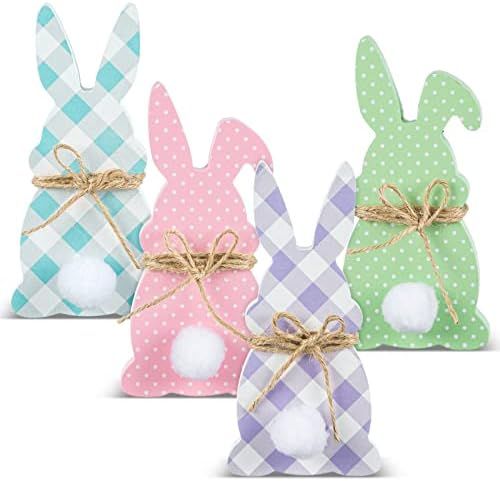 Whaline 4Pcs Easter Wooden Sign Buffalo Checkered Easter Bunny Wooden Table Centerpiece with 10Pcs F | Amazon (US)