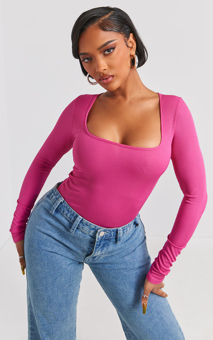 Shape Hot Pink Rib Long Sleeve Square Neck Bodysuit | PrettyLittleThing US