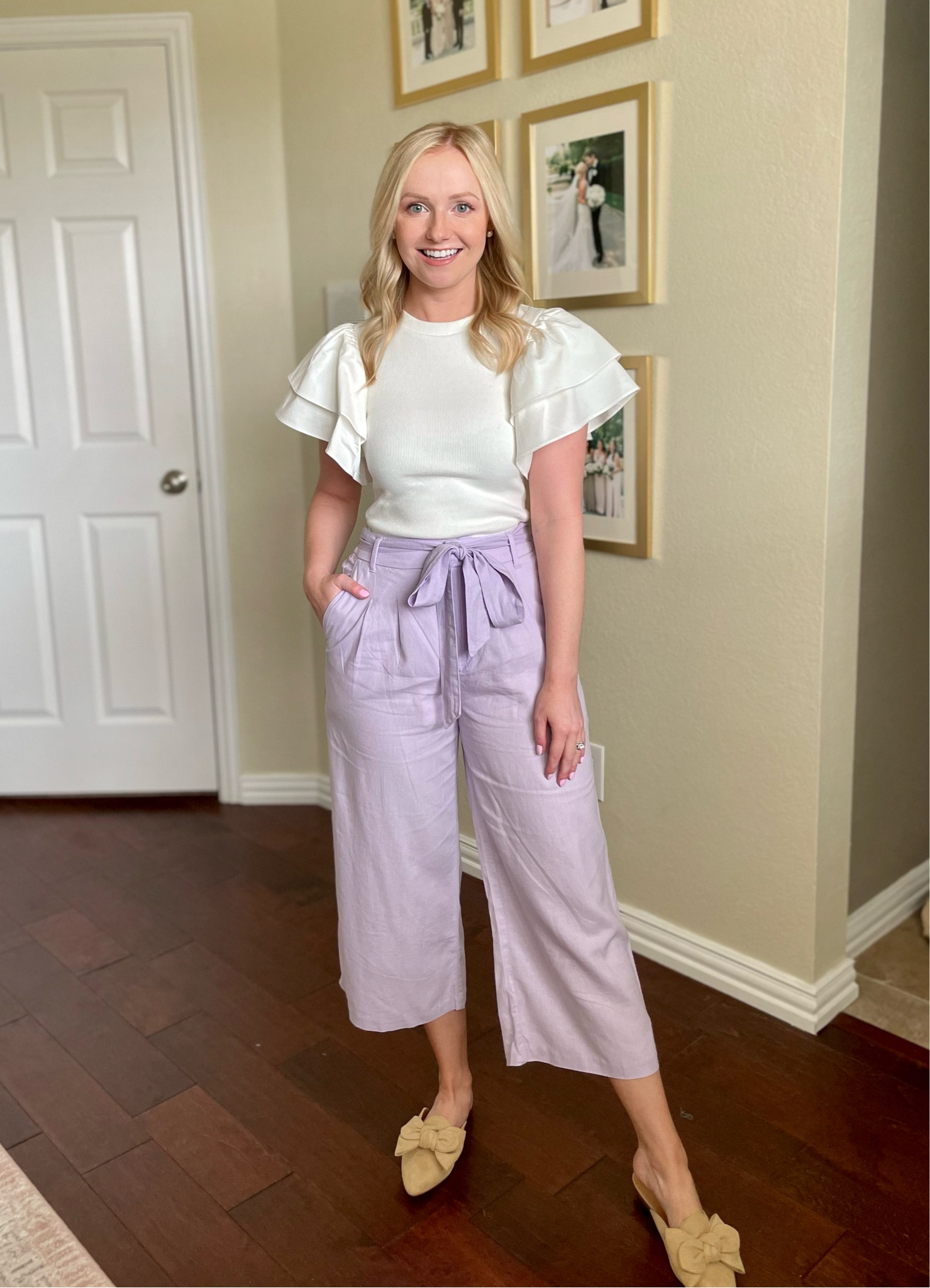 Wearing an XSP in pants and S in bodysuit | purple pants, wide leg pants, ruffle sleeves, white bodysuit, teacher outfit, teacher style 

#LTKSeasonal #LTKFind #LTKworkwear