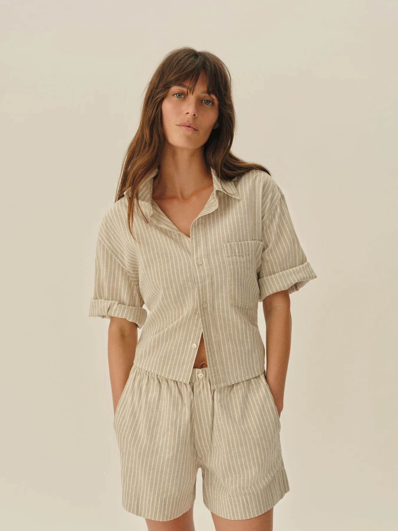 Natural/Khaki Summer Stripe Mainstay Cotton Linen Cut-Off Short Sleeve Button Down | Buck Mason | Buck Mason