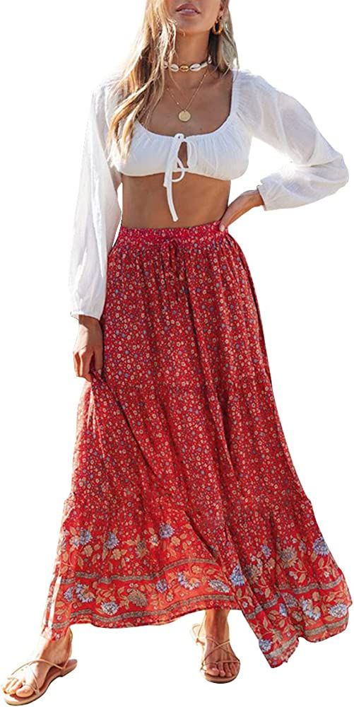 ZESICA Women's Bohemian Floral Printed Elastic Waist A Line Maxi Skirt with Pockets | Amazon (US)