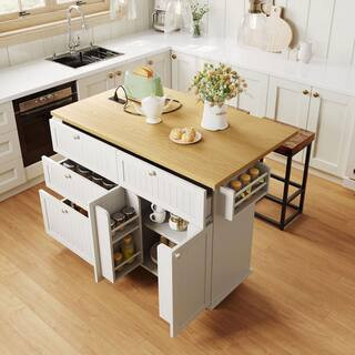 White MDF Wood 50.3 in. Kitchen Island Cart Set with Drop Leaf, 2-Stools, Power Outlet, 4-Drawers and Wheels (Set of 3) | The Home Depot