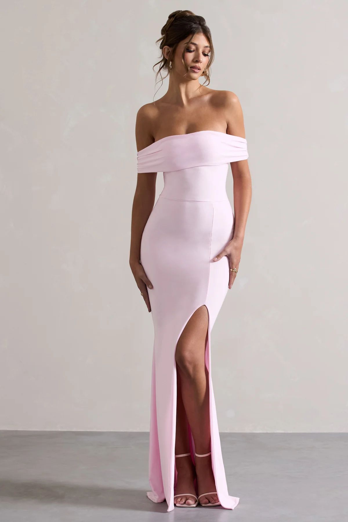 Law of Attraction | Pink Bardot Draped Split Maxi Dress | Club L London