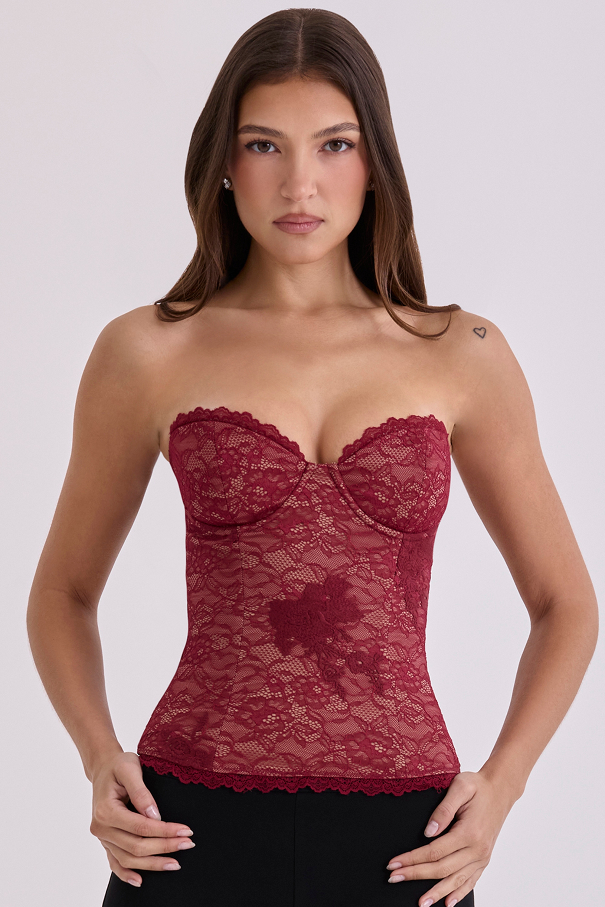 weinrot spitzen-korsett-oberteil ohne träger | House of CB