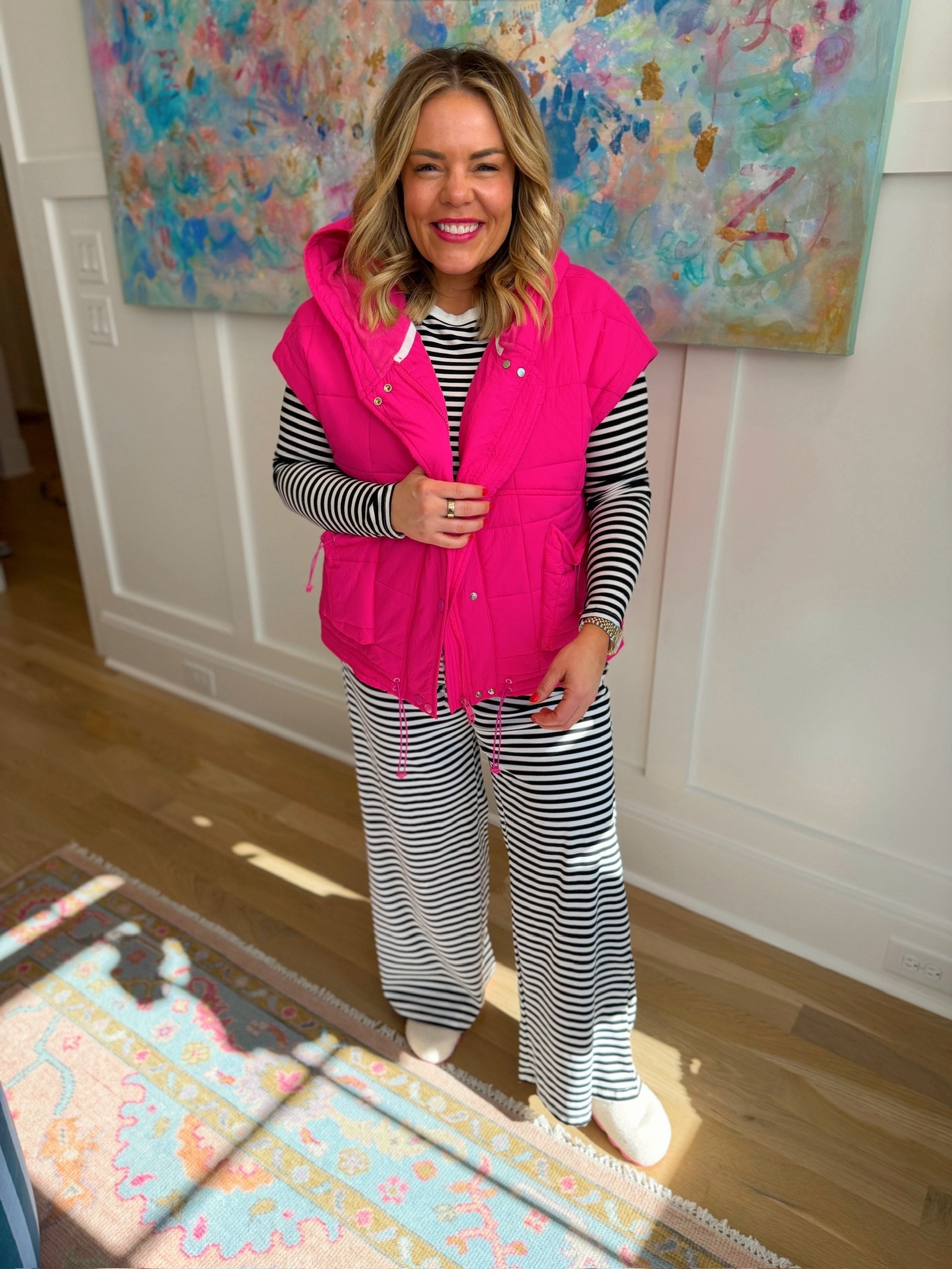 hot pink puffer vest, striped set, women’s fashion, trendy outfit, black and white set, casual winter look, chic style, ootd 

#LTKSeasonal #LTKootd