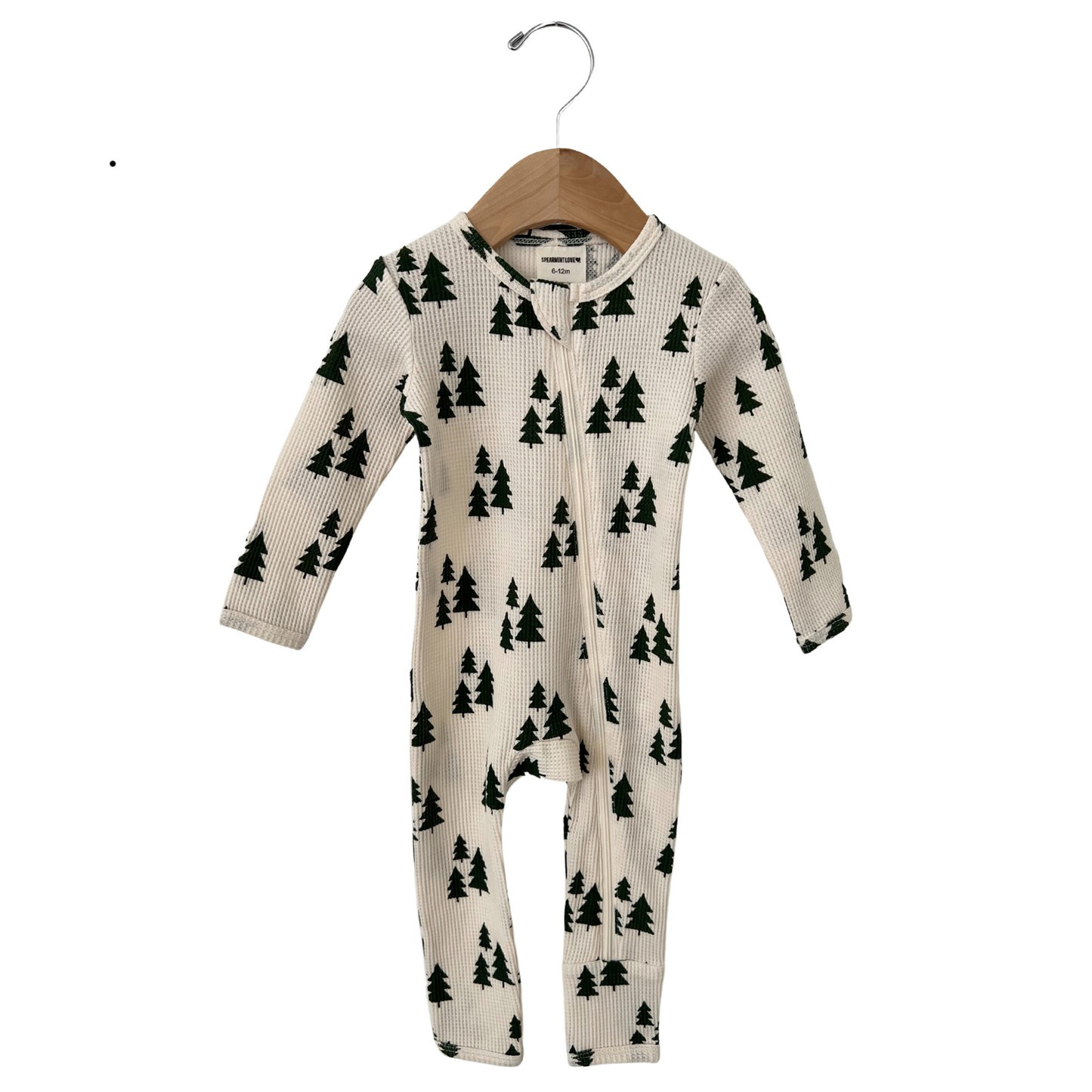 Organic Waffle Basic Zip Romper, Forest Green Trees | SpearmintLOVE