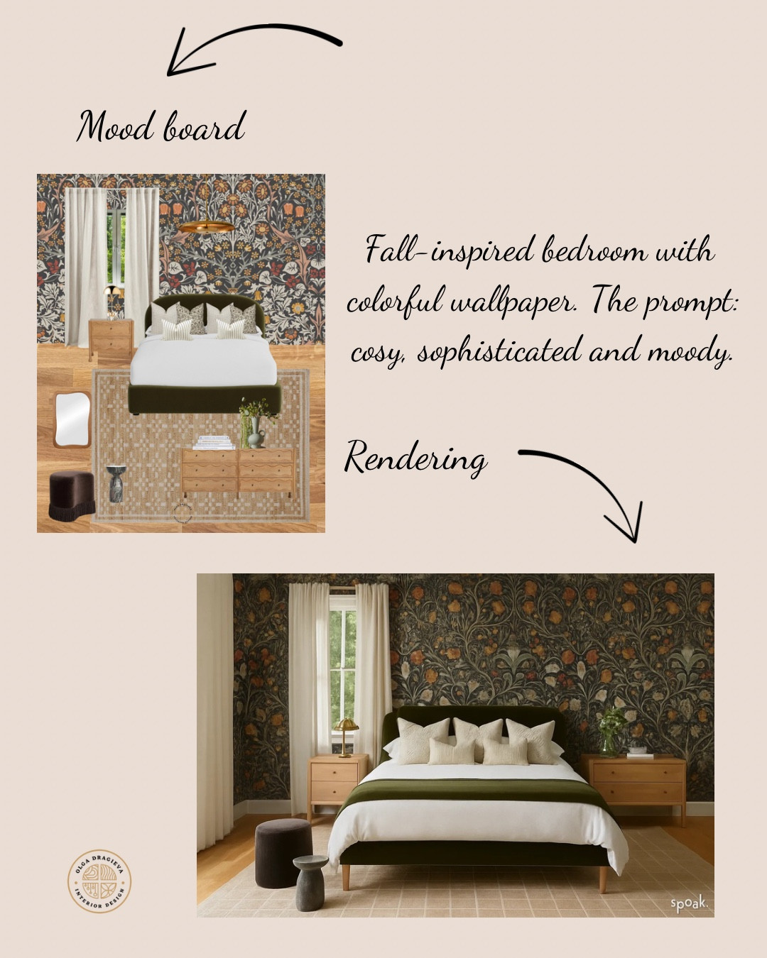 Beautiful bedroom design/mood board. Floral wallpaper, velvet upholstered bed, gorgeous green vase, floral curtains, wall art, new dresser and irregular mirror, floral pillows from Etsy.  #homedecor #fall 

#LTKSeasonal #LTKHome #LTKStyleTip #LTKSeasonal #LTKHome #LTKStyleTip