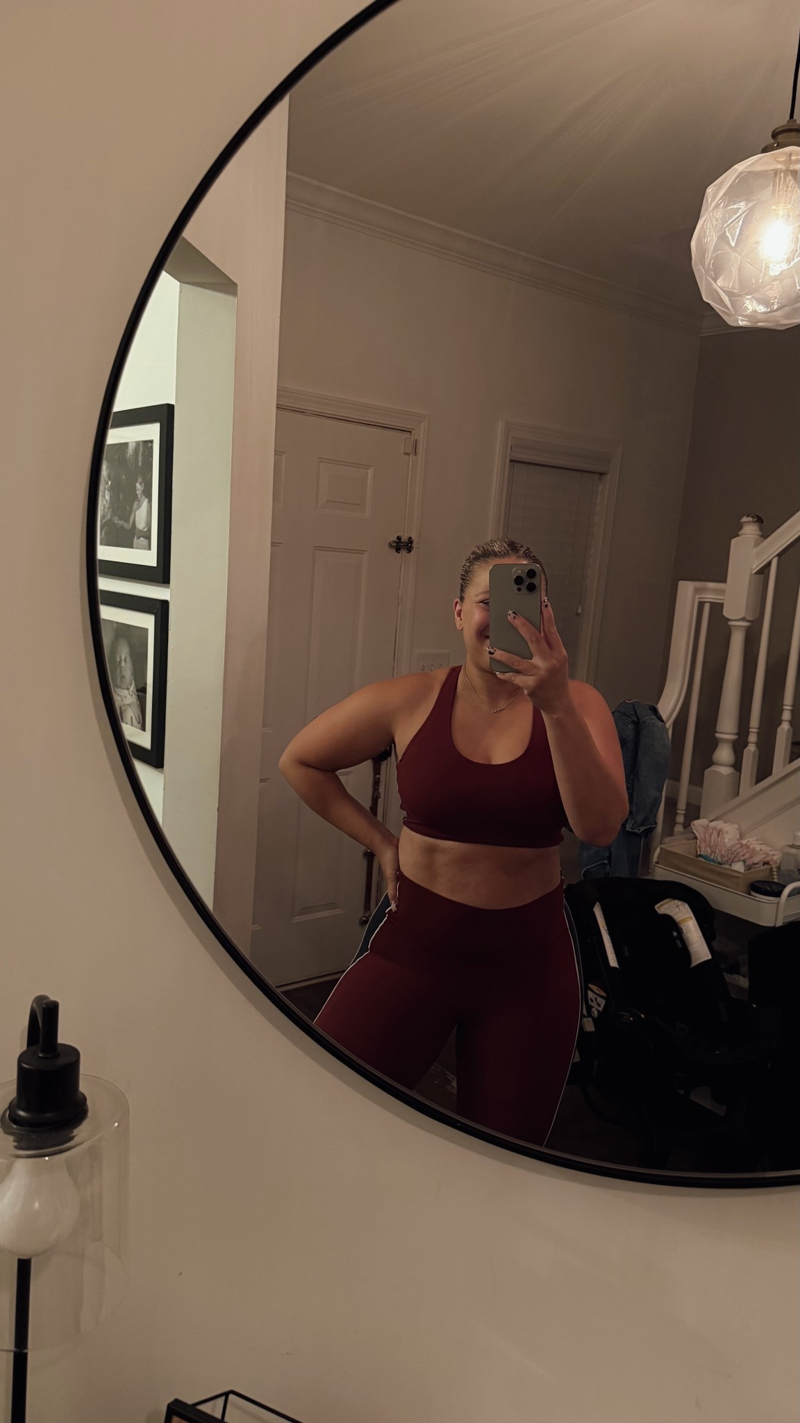 Target workout set. 

Wearing XL in sports bra and L in leggings 