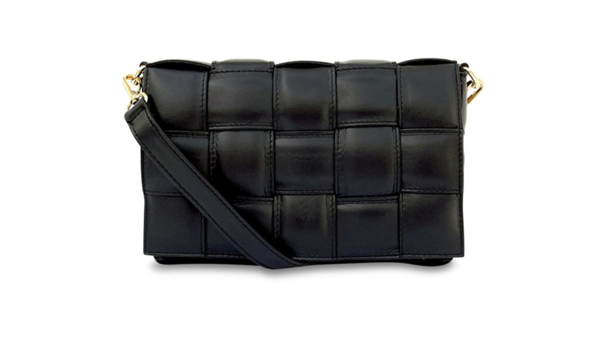 Black Padded Woven Leather Crossbody Bag | Apatchy London