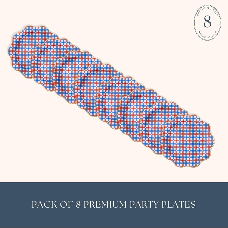 Bonjour F\u00eate Red & Blue Gingham Star Large Paper Party Plates | Premium Party Supplies, Gold... | Amazon (US)