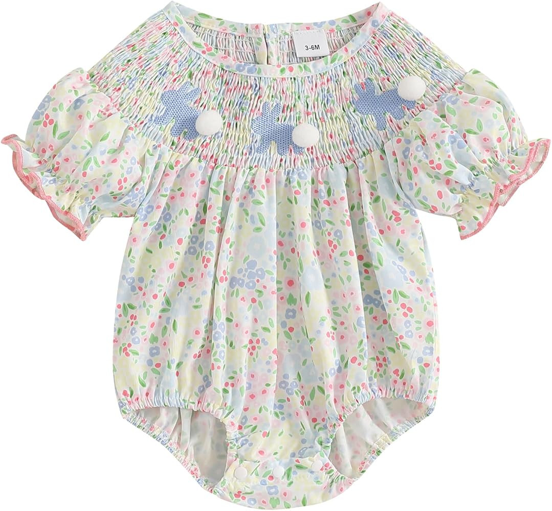 Infant Baby Girl Bunny Outfit Rabbit Embroidery Floral Print Smocked Romper Short Sleeve Bunny Bo... | Amazon (US)